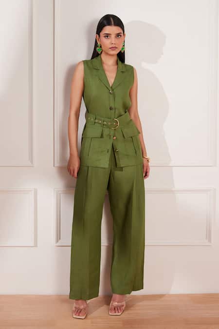 Buy Tara And I Green Hemp Collared Sleeveless Jacket With Belt Online at Aza Fashions Buy_Tara And I_Green Hemp Collared Sleeveless Jacket With Belt _Online_at_Aza_Fashions