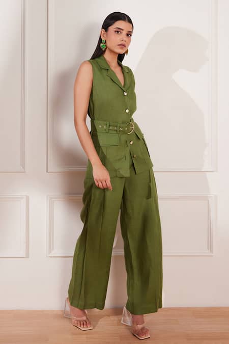 Shop Tara And I Green Hemp Collared Sleeveless Jacket With Belt Online at Aza Fashions Shop_Tara And I_Green Hemp Collared Sleeveless Jacket With Belt _Online_at_Aza_Fashions