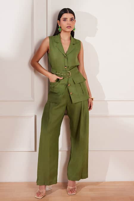 Tara And I Green Hemp Pleated Wide Leg Trouser Online at Aza Fashions Tara And I_Green Hemp Pleated Wide Leg Trouser _Online_at_Aza_Fashions