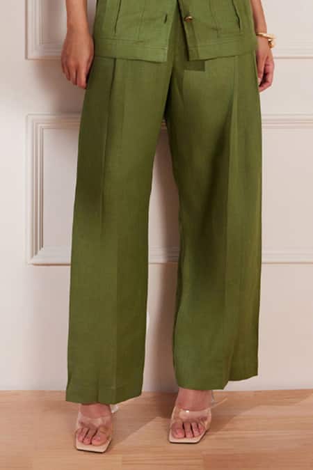 Buy Tara And I Green Hemp Pleated Wide Leg Trouser Online at Aza Fashions Buy_Tara And I_Green Hemp Pleated Wide Leg Trouser _Online_at_Aza_Fashions