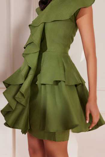 Buy_Tara And I_Green Hemp Round Neck Ruffle Mini Dress _Online_at_Aza_Fashions