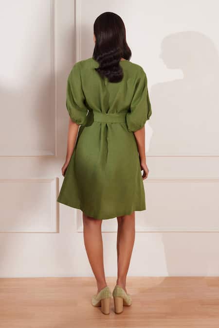Shop Tara And I Green Hemp Buckles V-neck Pleated Dress With Belt at Aza Fashions Shop_Tara And I_Green Hemp Buckles V-neck Pleated Dress With Belt _at_Aza_Fashions