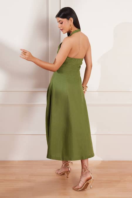 Shop Tara And I Green Hemp Halter Neck Midi Dress at Aza Fashions Shop_Tara And I_Green Hemp Halter Neck Midi Dress _at_Aza_Fashions