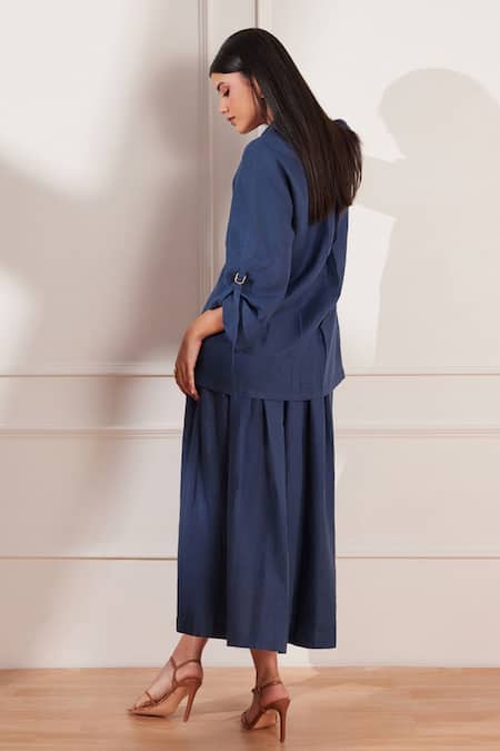 Shop Tara And I Blue Hemp Moroccan Box Pleat Skirt at Aza Fashions Shop_Tara And I_Blue Hemp Moroccan Box Pleat Skirt _at_Aza_Fashions