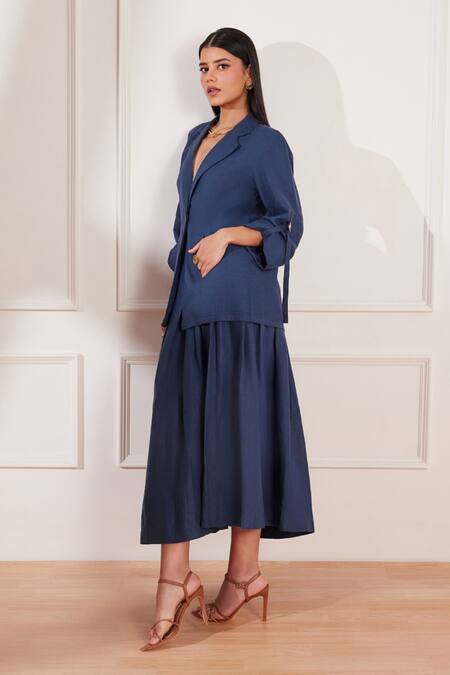 Shop Tara And I Blue Hemp Moroccan Box Pleat Skirt Online at Aza Fashions Shop_Tara And I_Blue Hemp Moroccan Box Pleat Skirt _Online_at_Aza_Fashions