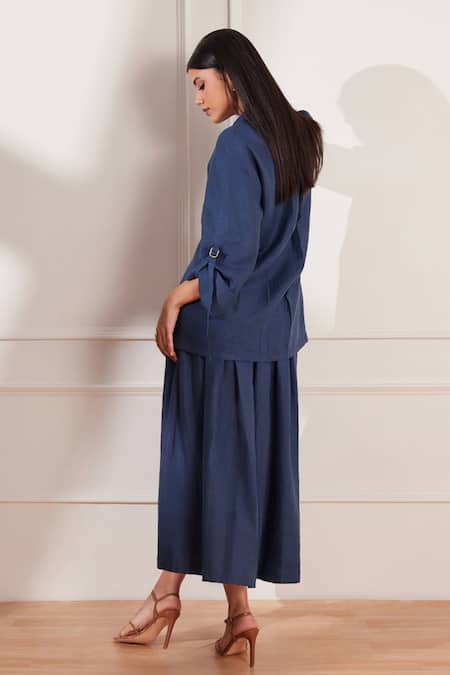 Shop Tara And I Blue Hemp Collared Moroccan Single Button Jacket at Aza Fashions Shop_Tara And I_Blue Hemp Collared Moroccan Single Button Jacket _at_Aza_Fashions