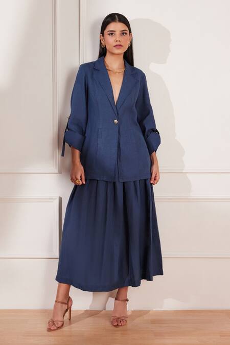 Tara And I Blue Hemp Collared Moroccan Single Button Jacket Online at Aza Fashions Tara And I_Blue Hemp Collared Moroccan Single Button Jacket _Online_at_Aza_Fashions