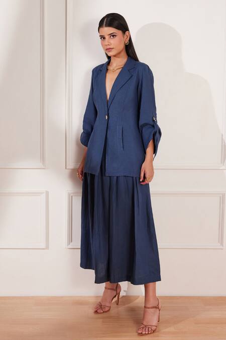 Shop Tara And I Blue Hemp Collared Moroccan Single Button Jacket Online at Aza Fashions Shop_Tara And I_Blue Hemp Collared Moroccan Single Button Jacket _Online_at_Aza_Fashions