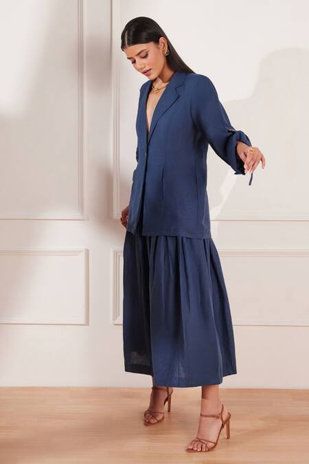 Tara And I Blue Hemp Collared Moroccan Single Button Jacket at Aza Fashions Tara And I_Blue Hemp Collared Moroccan Single Button Jacket _at_Aza_Fashions