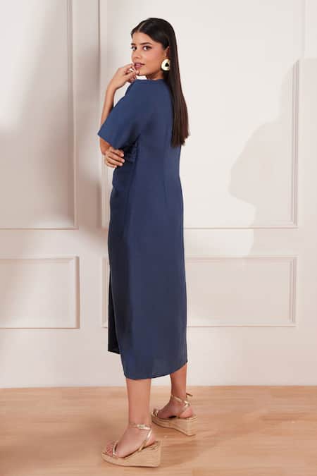Shop Tara And I Blue Hemp V-neck Ruched Midi Dress at Aza Fashions Shop_Tara And I_Blue Hemp V-neck Ruched Midi Dress _at_Aza_Fashions