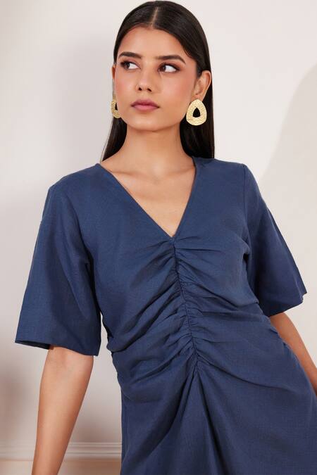 Tara And I Blue Hemp V-neck Ruched Midi Dress Online at Aza Fashions Tara And I_Blue Hemp V-neck Ruched Midi Dress _Online_at_Aza_Fashions
