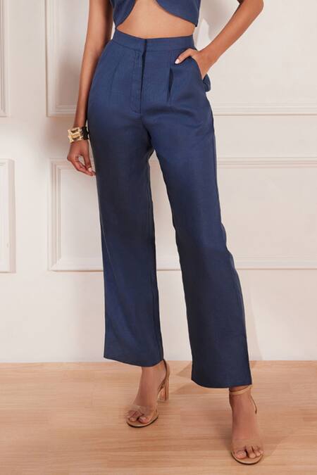 Tara And I Blue Hemp Straight Fit Pleated Trouser Online at Aza Fashions Tara And I_Blue Hemp Straight Fit Pleated Trouser _Online_at_Aza_Fashions