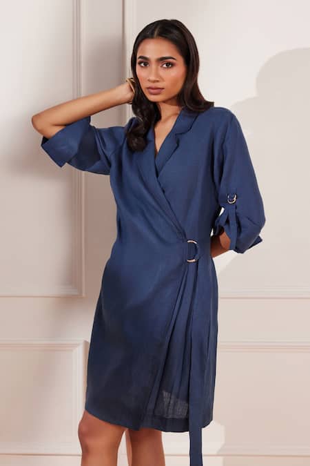 Tara And I Blue Hemp Buckles Collared Wrap Jacket Dress Online at Aza Fashions Tara And I_Blue Hemp Buckles Collared Wrap Jacket Dress _Online_at_Aza_Fashions