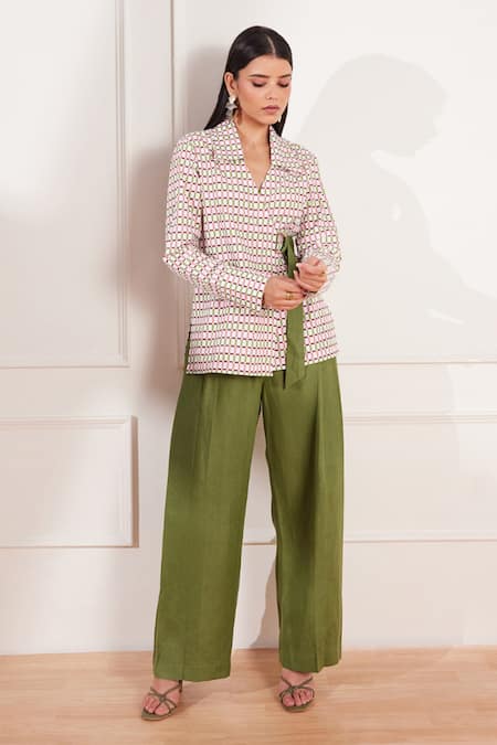 tara and i Multi Color Cotton Poplin Printed Geometric Collared Checks Please Wrap Shirt 