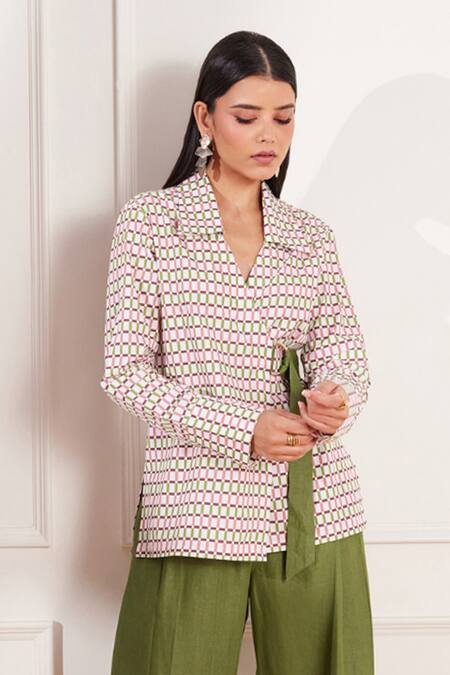Tara And I Multi Color Cotton Collared Checks Please Geometric Print Wrap Shirt Online at Aza Fashions Tara And I_Multi Color Cotton Collared Checks Please Geometric Print Wrap Shirt _Online_at_Aza_Fashions