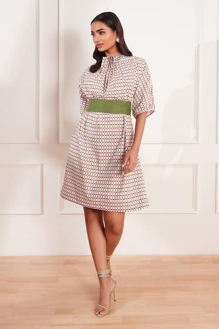 Tara And I Multi Color Cotton, Hemp High Neck Checks Please Geometric Print Pleated Dress Online at Aza Fashions Tara And I_Multi Color Cotton, Hemp High Neck Checks Please Geometric Print Pleated Dress _Online_at_Aza_Fashions