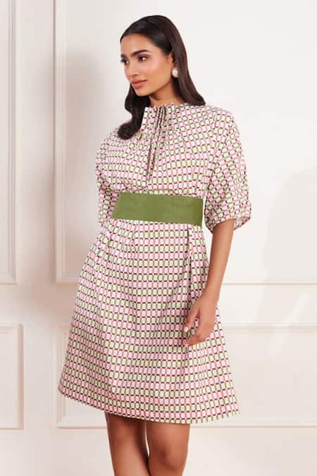 Buy Tara And I Multi Color Cotton, Hemp High Neck Checks Please Geometric Print Pleated Dress Online at Aza Fashions Buy_Tara And I_Multi Color Cotton, Hemp High Neck Checks Please Geometric Print Pleated Dress _Online_at_Aza_Fashions
