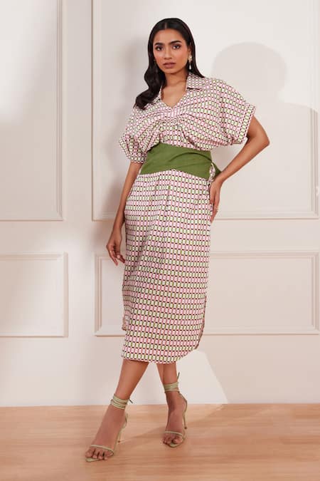 tara and i Multi Color Cotton Poplin Printed Geometric Collared Checks Please Midi Dress 