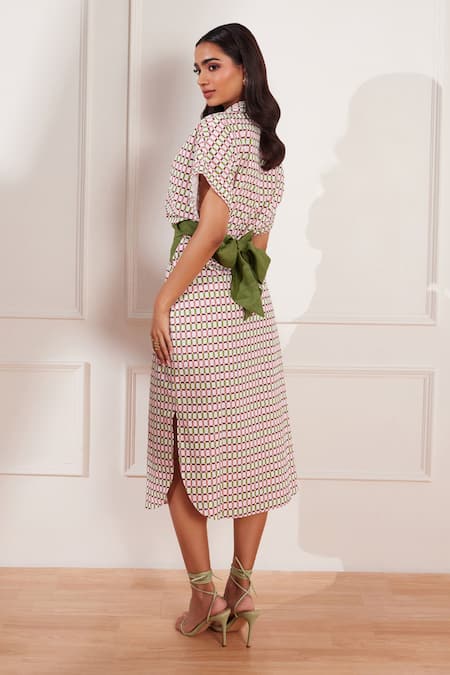 Shop_Tara And I_Multi Color Cotton, Hemp Collared Checks Please Geometric Print Midi Dress _at_Aza_Fashions