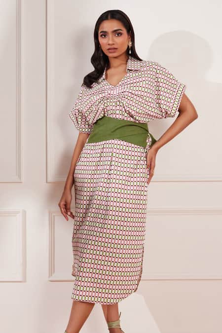 Tara And I_Multi Color Cotton, Hemp Collared Checks Please Geometric Print Midi Dress _Online_at_Aza_Fashions