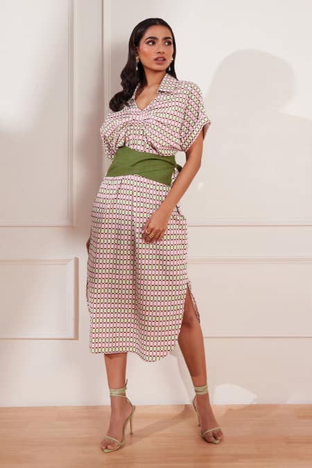 Buy_Tara And I_Multi Color Cotton, Hemp Collared Checks Please Geometric Print Midi Dress _Online_at_Aza_Fashions