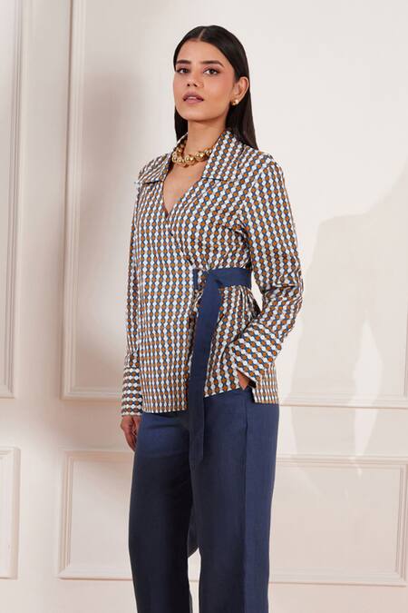 Buy Tara And I Multi Color , Satin Summer Circle Geometric Print Wrap Shirt Online at Aza Fashions Buy_Tara And I_Multi Color , Satin Summer Circle Geometric Print Wrap Shirt _Online_at_Aza_Fashions