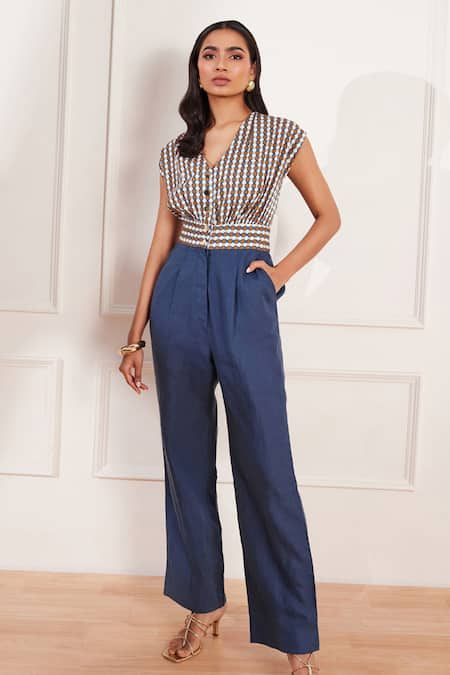 tara and i Multi Color Cotton Poplin Printed Geometric V-neck Summer Circle Jumpsuit 