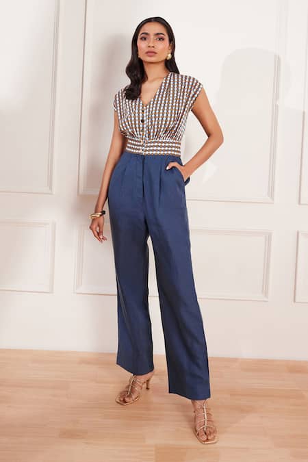 Tara And I Multi Color Cotton, Hemp V-neck Summer Circle Geometric Print Jumpsuit Online at Aza Fashions Tara And I_Multi Color Cotton, Hemp V-neck Summer Circle Geometric Print Jumpsuit _Online_at_Aza_Fashions