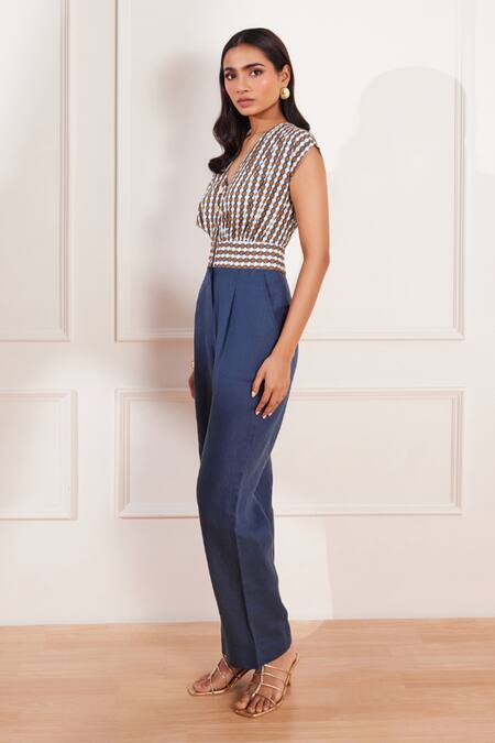 Shop Tara And I Multi Color Cotton, Hemp V-neck Summer Circle Geometric Print Jumpsuit Online at Aza Fashions Shop_Tara And I_Multi Color Cotton, Hemp V-neck Summer Circle Geometric Print Jumpsuit _Online_at_Aza_Fashions