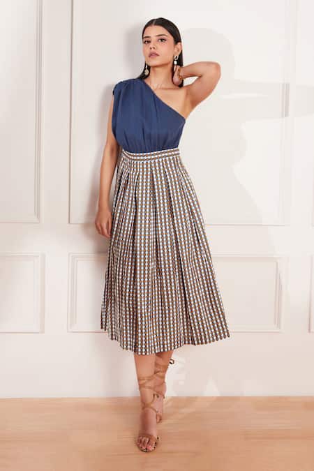 Tara And I_Multi Color Cotton, Hemp One Shoulder Summer Circle Geometric Print Dress _Online_at_Aza_Fashions