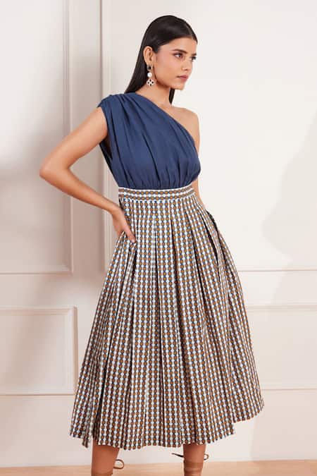 Buy_Tara And I_Multi Color Cotton, Hemp One Shoulder Summer Circle Geometric Print Dress _Online_at_Aza_Fashions