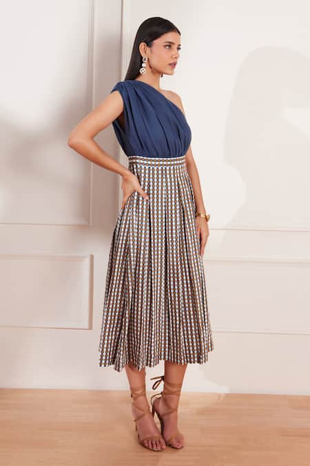 Shop_Tara And I_Multi Color Cotton, Hemp One Shoulder Summer Circle Geometric Print Dress _Online_at_Aza_Fashions