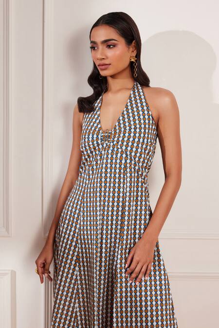 Tara And I Multi Color Cotton, Poplin Halter Neck Summer Circle Geometric Print Midi Dress Online at Aza Fashions Tara And I_Multi Color Cotton, Poplin Halter Neck Summer Circle Geometric Print Midi Dress _Online_at_Aza_Fashions