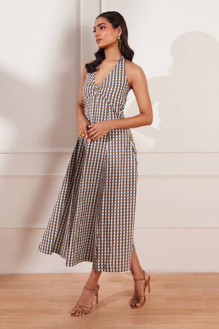Buy Tara And I Multi Color Cotton, Poplin Halter Neck Summer Circle Geometric Print Midi Dress Online at Aza Fashions Buy_Tara And I_Multi Color Cotton, Poplin Halter Neck Summer Circle Geometric Print Midi Dress _Online_at_Aza_Fashions