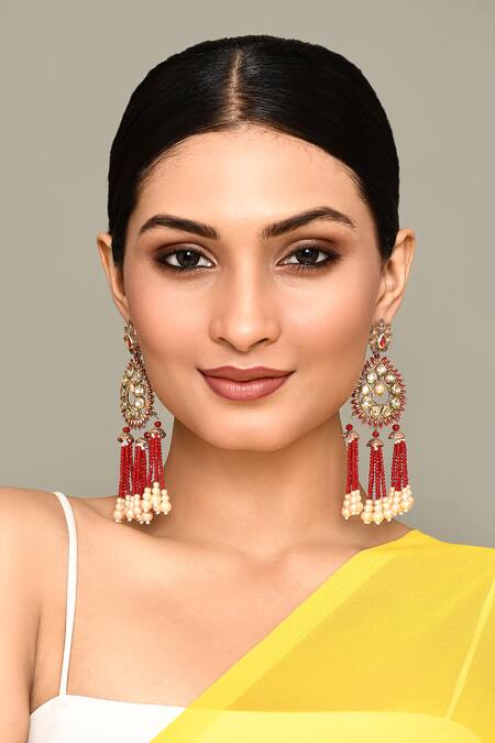 Nazaakat By Samara Singh_Gold Plated Pearls, Beads Kundan Studded Drop Tassel Earrings _Online_at_Aza_Fashions