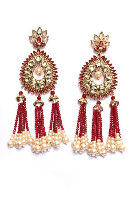 Buy_Nazaakat By Samara Singh_Gold Plated Pearls, Beads Kundan Studded Drop Tassel Earrings _Online_at_Aza_Fashions