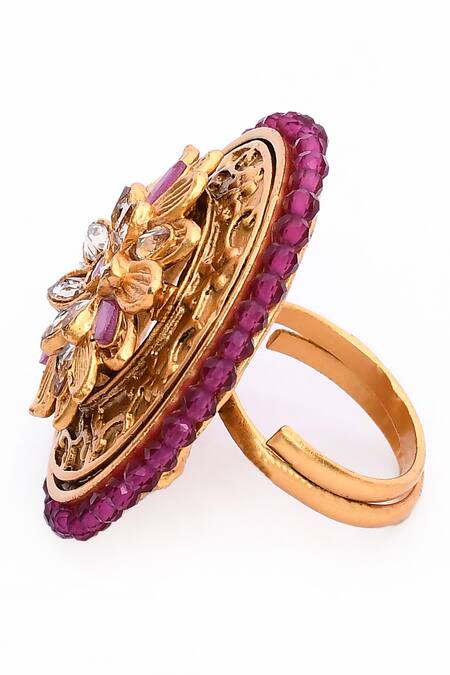Shop_Nazaakat By Samara Singh_Gold Plated Beads, Diamonds Stone Studded Carved Ring _Online_at_Aza_Fashions