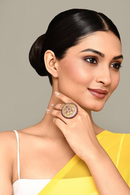 Nazaakat By Samara Singh_Gold Plated Beads, Diamonds Stone Studded Carved Ring _at_Aza_Fashions
