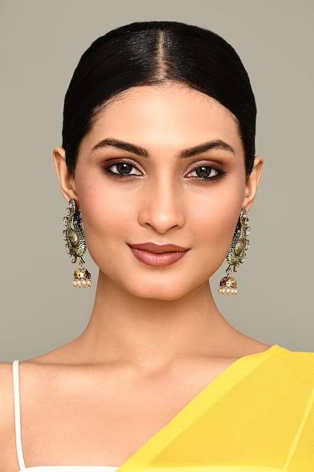 Nazaakat By Samara Singh_Gold Plated Peacock Carved Jhumka _Online_at_Aza_Fashions