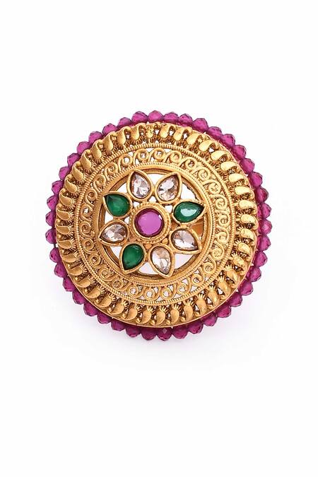 Nazaakat By Samara Singh_Gold Plated Gota Patti Floral Carved Kundan Ring _Online_at_Aza_Fashions