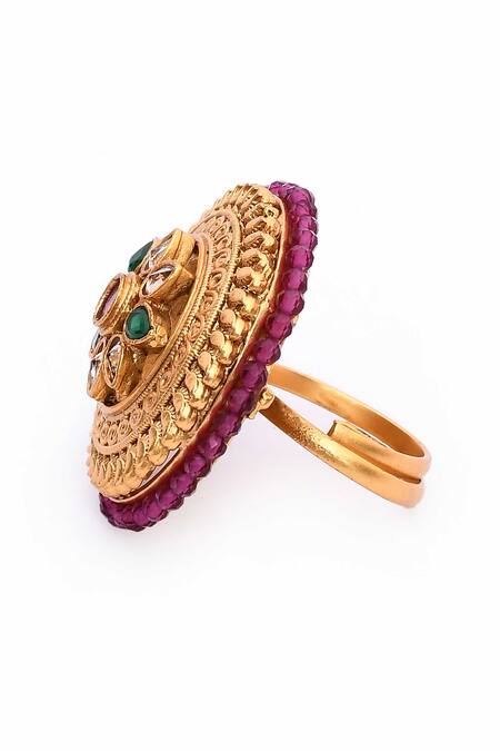 Shop_Nazaakat By Samara Singh_Gold Plated Gota Patti Floral Carved Kundan Ring _Online_at_Aza_Fashions