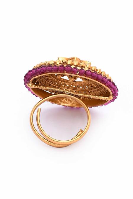 Buy_Nazaakat By Samara Singh_Gold Plated Gota Patti Floral Carved Kundan Ring 