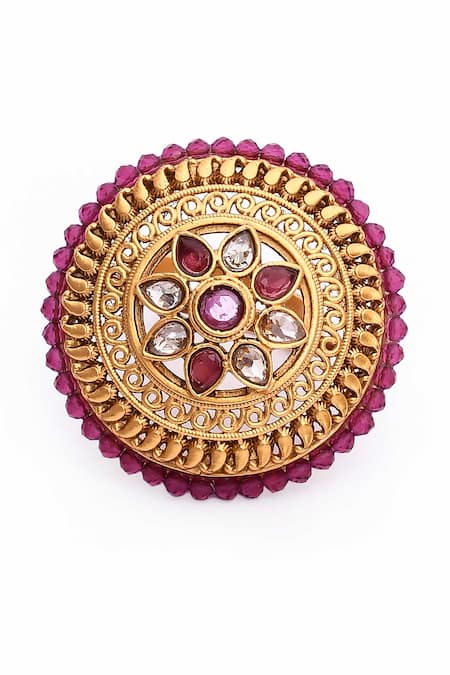 Nazaakat By Samara Singh_Gold Plated Diamonds, Beads Flora Carved Kundan Ring _Online_at_Aza_Fashions