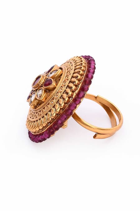 Shop_Nazaakat By Samara Singh_Gold Plated Diamonds, Beads Flora Carved Kundan Ring _Online_at_Aza_Fashions
