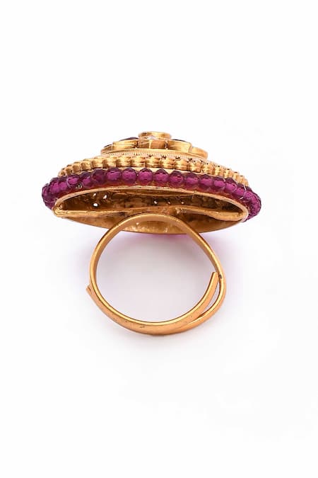 Buy_Nazaakat By Samara Singh_Gold Plated Diamonds, Beads Flora Carved Kundan Ring 