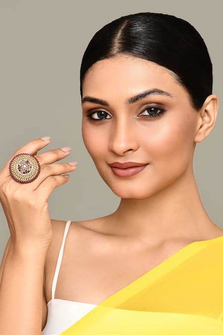 Nazaakat By Samara Singh_Gold Plated Diamonds, Beads Flora Carved Kundan Ring _at_Aza_Fashions