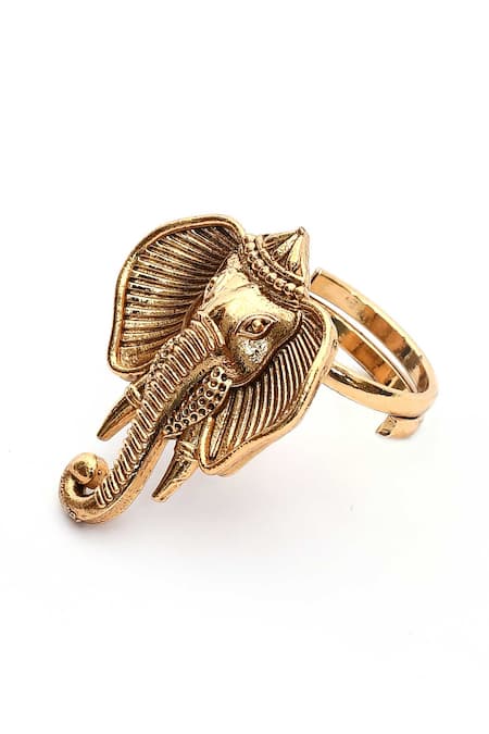 Shop_Nazaakat By Samara Singh_Gold Plated Gajamukh Carved Ring _Online_at_Aza_Fashions