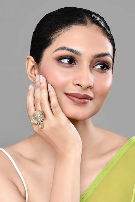 Nazaakat By Samara Singh_Gold Plated Gajamukh Carved Ring _at_Aza_Fashions