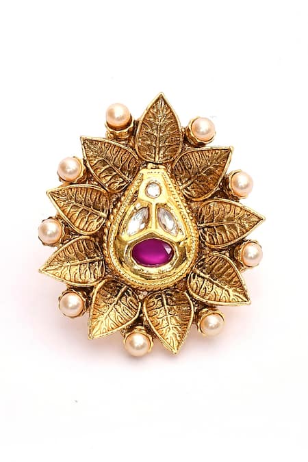 Nazaakat By Samara Singh_Gold Plated Beads, Diamonds Tear Drop Carved Ring _Online_at_Aza_Fashions