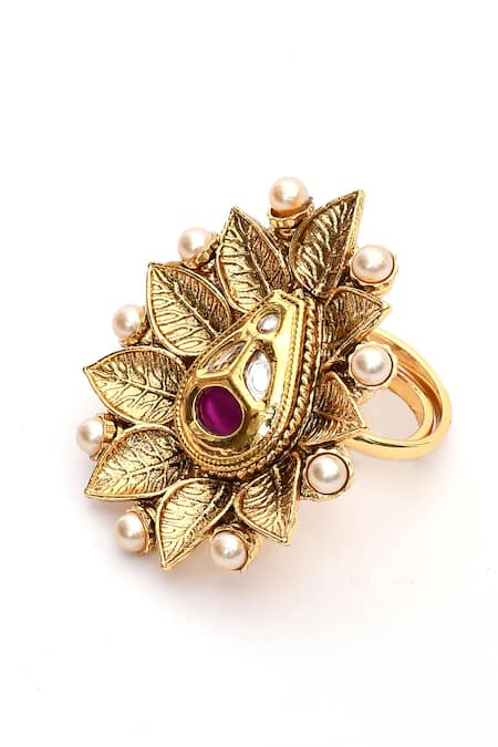 Shop_Nazaakat By Samara Singh_Gold Plated Beads, Diamonds Tear Drop Carved Ring _Online_at_Aza_Fashions